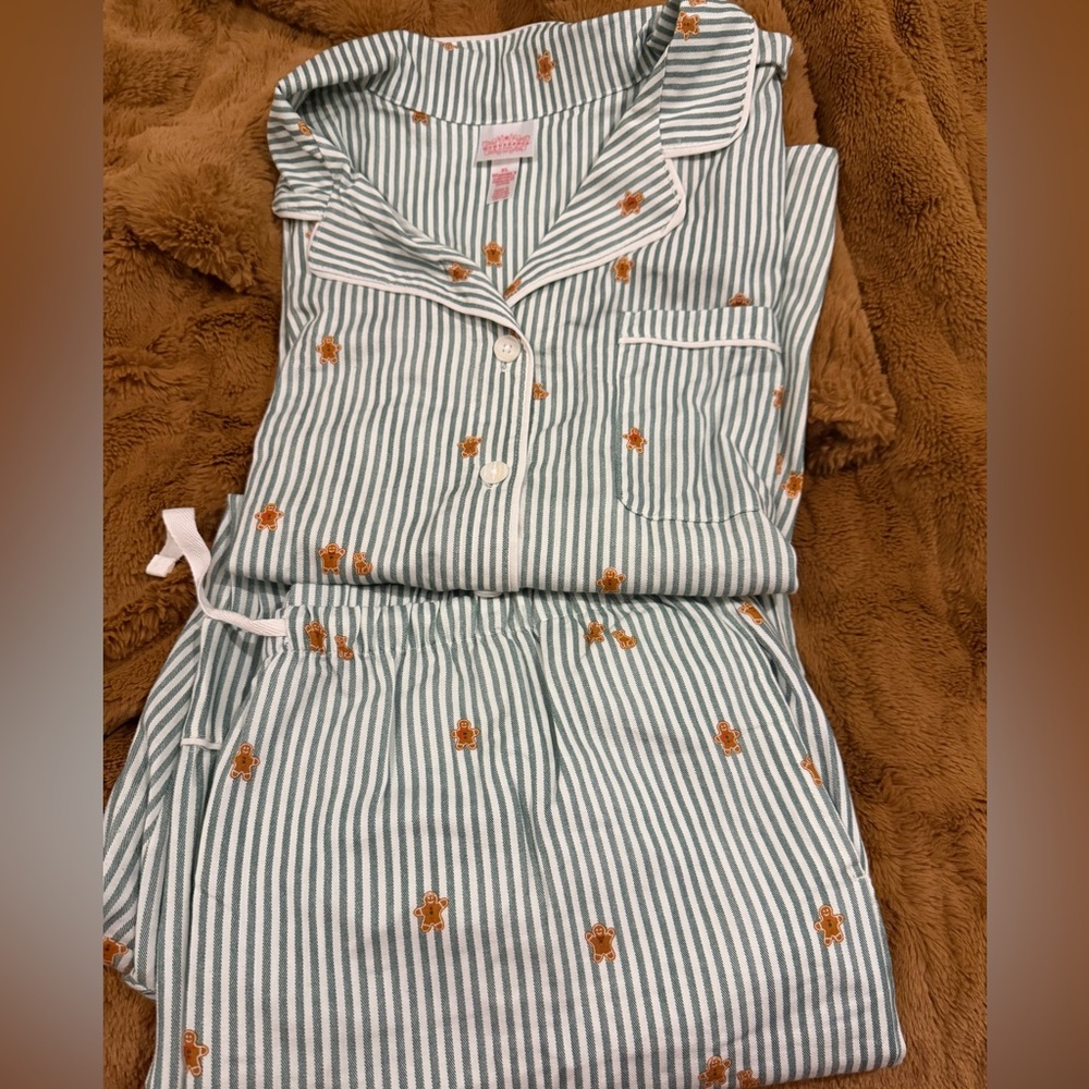 Women's Green and White Striped Pajama Set with Floral Accents